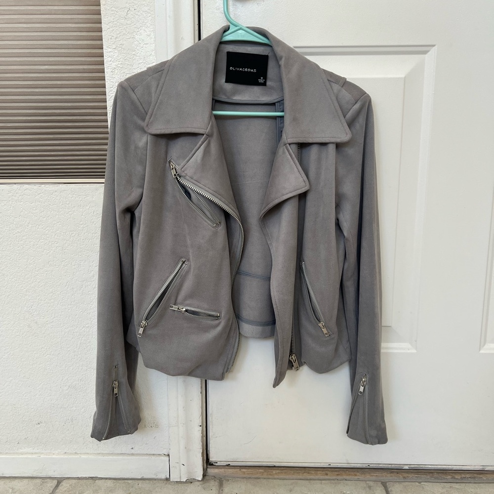 OLIVIEACIOUS HEATHER GRAY VEGAN SUEDE MOTO JACKET SZ M